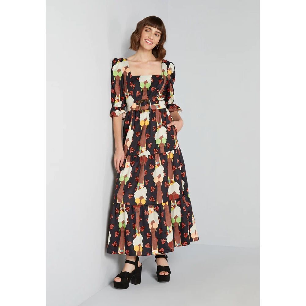 NWT Hutch ModCloth Let's Go Boho‎ Black Long Sleeve Belted Maxi Dress Size 8